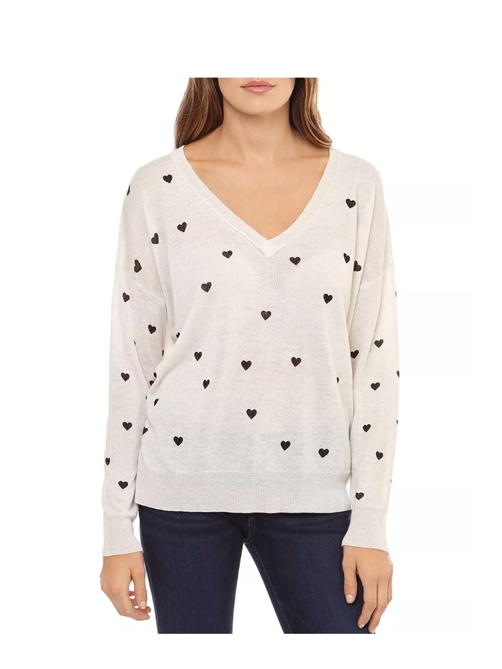 Theo & Spence Oversized V-Neck Heart-Print Lightweight Sweater